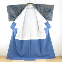 画像をギャラリービューアに読み込む, 紬 着物 松模様 黒色x灰色x青色 正絹 袷 広衿 カジュアル 仕立て上がり着物 身丈162cm