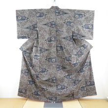 画像をギャラリービューアに読み込む, 紬 着物 大島紬 カタス式 重ね菱に花に花模様 茶色x紺色x緑色 正絹 袷 バチ衿 カジュアル 仕立て上がり着物 身丈159cm