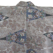 画像をギャラリービューアに読み込む, 紬 着物 大島紬 カタス式 重ね菱に花に花模様 茶色x紺色x緑色 正絹 袷 バチ衿 カジュアル 仕立て上がり着物 身丈159cm