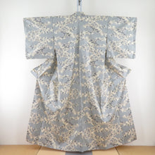 画像をギャラリービューアに読み込む, 紬 着物 雲取りに風景模様 クリーム色x灰色 正絹 袷 広衿 カジュアル 仕立て上がり着物 身丈156cm