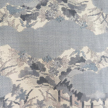 画像をギャラリービューアに読み込む, 紬 着物 雲取りに風景模様 クリーム色x灰色 正絹 袷 広衿 カジュアル 仕立て上がり着物 身丈156cm