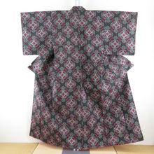 画像をギャラリービューアに読み込む, 紬 着物 華文模様 黒色x赤色x灰色 正絹 袷 広衿 カジュアル 仕立て上がり着物 身丈155cm