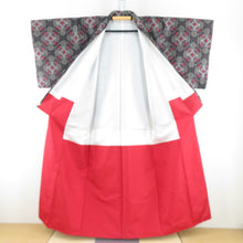 画像をギャラリービューアに読み込む, 紬 着物 華文模様 黒色x赤色x灰色 正絹 袷 広衿 カジュアル 仕立て上がり着物 身丈155cm