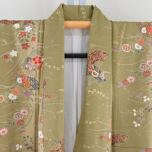 Load image into Gallery viewer, Komon Hagi on a fan and a flower pattern, a lined wide collar mulberry brown foil with a pure silk -tailored casual kimono 157cm