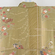 Load image into Gallery viewer, Komon Hagi on a fan and a flower pattern, a lined wide collar mulberry brown foil with a pure silk -tailored casual kimono 157cm