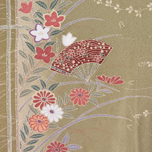 Load image into Gallery viewer, Komon Hagi on a fan and a flower pattern, a lined wide collar mulberry brown foil with a pure silk -tailored casual kimono 157cm