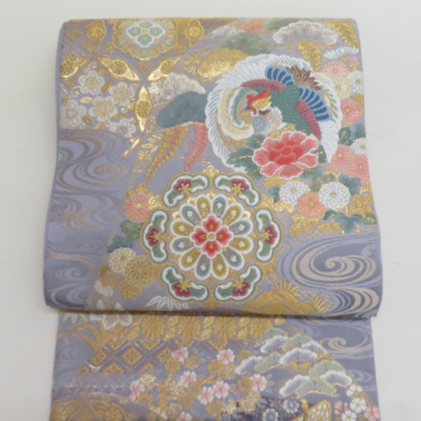 袋帯 華文に尾長鳥紋様 薄紫x金色x多色 金糸 六通柄 正絹 仕立て