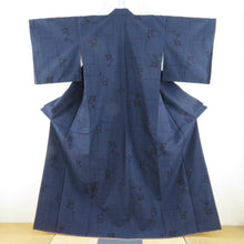 画像をギャラリービューアに読み込む, 紬 着物 幾何学模様に花 紺色x黒色 正絹 袷 広衿 カジュアル 仕立て上がり着物 身丈159cm