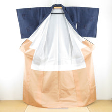 画像をギャラリービューアに読み込む, 紬 着物 幾何学模様に花 紺色x黒色 正絹 袷 広衿 カジュアル 仕立て上がり着物 身丈159cm