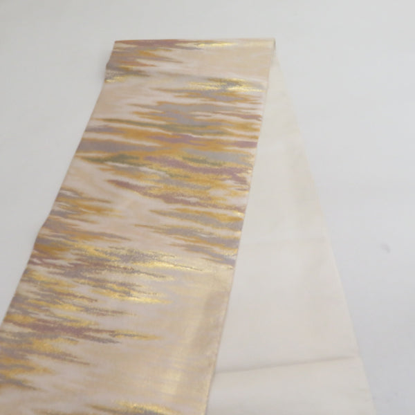 袋帯　金ベージュ　花と松柄　くすみカラー　正絹 袋帯 金ベージュ 花と松柄 くすみカラー 正絹