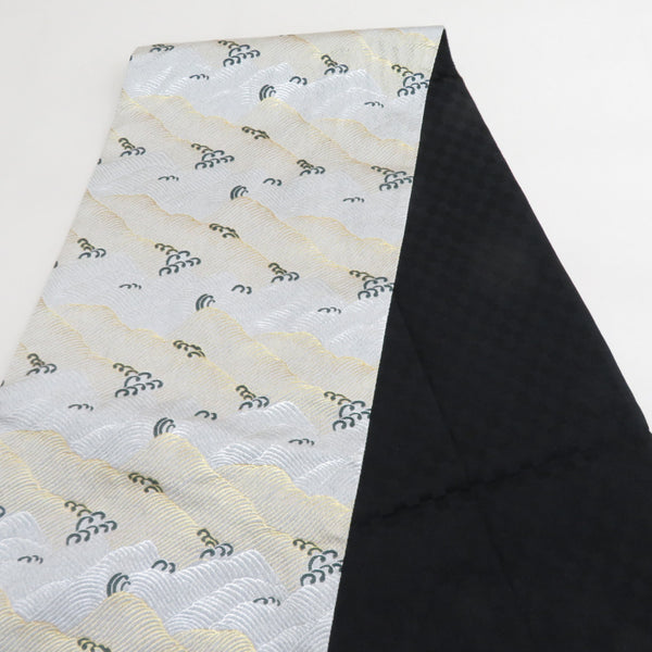 京袋帯 ポリエステル 波模様 市松模様 金糸銀糸 金x緑x黒 カジュアル