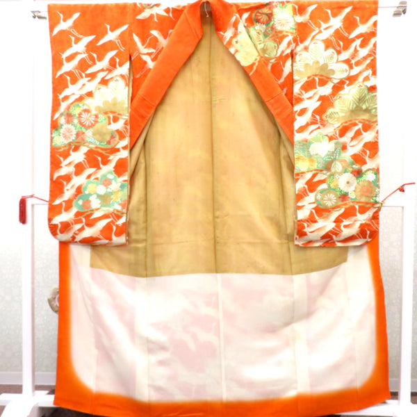 振袖 襦袢付き アンティーク着物 昔 袷 正絹 広衿 オレンジ 白 金 緑 黄緑 金刺繍 飛鶴文様 松 レトロ 明治・大正ロマン 経年品 身丈164.5cm 難あり 【キモノオフ野々市若松店】 振袖 襦袢付き アンティーク着物 昔 袷 正絹 広衿 オレンジ 白 金 緑