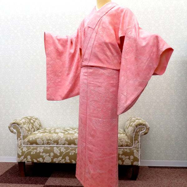 高級化繊】縮緬小紋・雪輪柄・くすみピンク系・袷 高級化繊】縮緬小紋