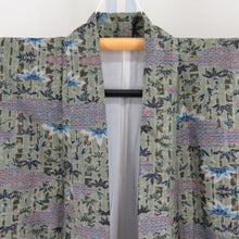 Load image into Gallery viewer, 紬 着物 竹模様 緑色x青色x灰色 袷 バチ衿 正絹 仕立て上がり カジュアル 身丈157cm