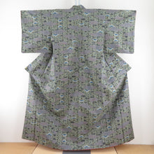 Load image into Gallery viewer, 紬 着物 竹模様 緑色x青色x灰色 袷 バチ衿 正絹 仕立て上がり カジュアル 身丈157cm