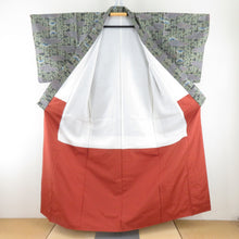 Load image into Gallery viewer, 紬 着物 竹模様 緑色x青色x灰色 袷 バチ衿 正絹 仕立て上がり カジュアル 身丈157cm