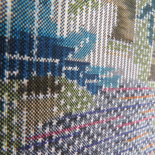 Load image into Gallery viewer, 紬 着物 竹模様 緑色x青色x灰色 袷 バチ衿 正絹 仕立て上がり カジュアル 身丈157cm