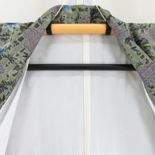 Load image into Gallery viewer, 紬 着物 竹模様 緑色x青色x灰色 袷 バチ衿 正絹 仕立て上がり カジュアル 身丈157cm