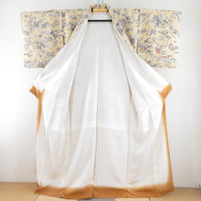 Load image into Gallery viewer, 小紋 花模様 薄黄色x灰色 パステル系 袷 広衿 正絹 仕立て上がり カジュアル着物 身丈158cm
