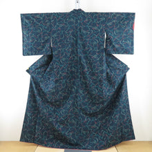 Load image into Gallery viewer, 小紋 花模様 染め紬 袷 バチ衿 緑色x黄緑x赤色 正絹 仕立て上がり カジュアル着物 身丈160cm