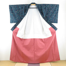 Load image into Gallery viewer, 小紋 花模様 染め紬 袷 バチ衿 緑色x黄緑x赤色 正絹 仕立て上がり カジュアル着物 身丈160cm