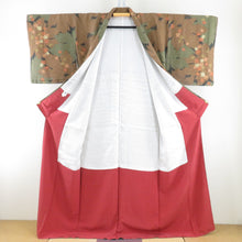 Load image into Gallery viewer, 小紋 たたき染め 茶色x緑色x黒色 葉っぱ模様 袷 広衿 正絹 仕立て上がり カジュアル着物 身丈163cm