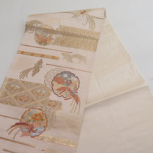 Load image into Gallery viewer, 袋帯 雪輪に鳳凰紋様 金糸x銀糸 ゴールドxベージュ色x多色  六通柄 正絹 仕立て上がり 着物帯 長さ416cm
