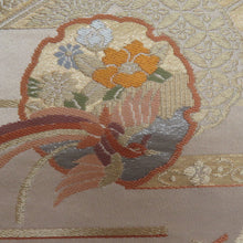Load image into Gallery viewer, 袋帯 雪輪に鳳凰紋様 金糸x銀糸 ゴールドxベージュ色x多色  六通柄 正絹 仕立て上がり 着物帯 長さ416cm