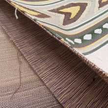 画像をギャラリービューアに読み込む, 袋帯 両端未仕立て 金糸銀糸 矢羽根模様 お太鼓柄 ベージュ色x緑色x茶色 正絹 着物帯 長さ432cm