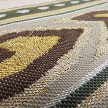 画像をギャラリービューアに読み込む, 袋帯 両端未仕立て 金糸銀糸 矢羽根模様 お太鼓柄 ベージュ色x緑色x茶色 正絹 着物帯 長さ432cm