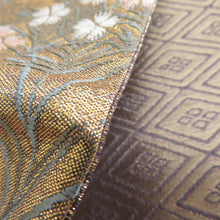 画像をギャラリービューアに読み込む, 袋帯 切嵌模様 金糸銀糸 ゴールドx紫色x多色 六通柄 正絹 仕立て上がり 着物帯