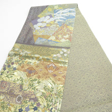 画像をギャラリービューアに読み込む, 袋帯 切嵌模様 金糸銀糸 ゴールドx紫色x多色 六通柄 正絹 仕立て上がり 着物帯