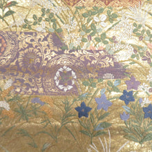 画像をギャラリービューアに読み込む, 袋帯 切嵌模様 金糸銀糸 ゴールドx紫色x多色 六通柄 正絹 仕立て上がり 着物帯