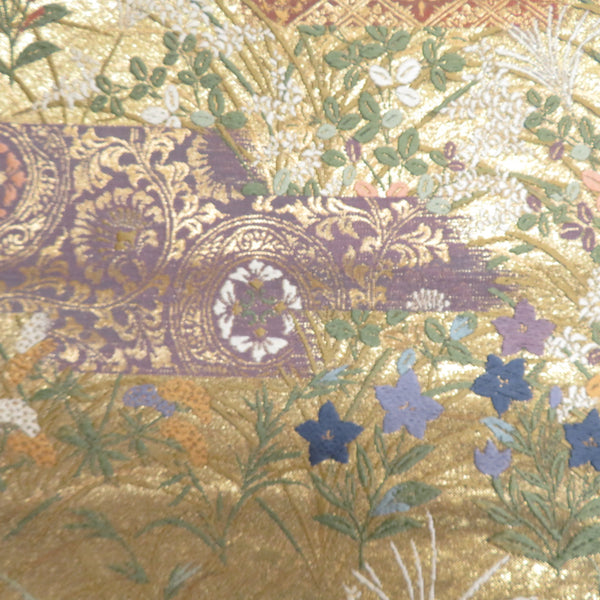 袋帯 切嵌模様 金糸銀糸 ゴールドx紫色x多色 六通柄 正絹 仕立て