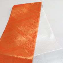 Load image into Gallery viewer, 袋帯 佐賀錦 金糸銀糸 菱型模様 リバーシブル オレンジ色x白色 全通柄 正絹 仕立て上がり 長さ448cm