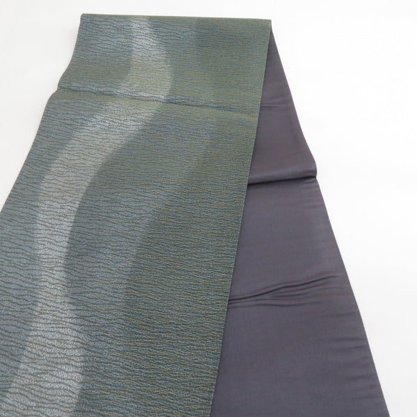 袋帯 洒落袋帯 よろけ縞模様 六通柄 緑色x薄緑色 金糸 余り布付き