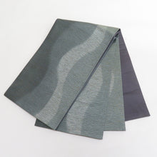 画像をギャラリービューアに読み込む, 袋帯 洒落袋帯 よろけ縞模様 六通柄 緑色x薄緑色 金糸 余り布付き 正絹 仕立て上がり 長さ440cm