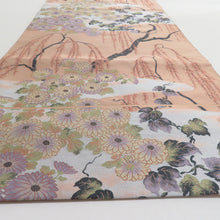 画像をギャラリービューアに読み込む, 西陣織 にしじんおり 袋帯 西陣織 山喜織物 紹巴萬葉 全通柄 菊に柳模様 サーモンピンクx緑x薄紫 カジュアル 正絹 仕立て上がり 長さ440cm