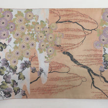 画像をギャラリービューアに読み込む, 西陣織 にしじんおり 袋帯 西陣織 山喜織物 紹巴萬葉 全通柄 菊に柳模様 サーモンピンクx緑x薄紫 カジュアル 正絹 仕立て上がり 長さ440cm