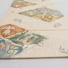 Load image into Gallery viewer, 袋帯 金糸 唐織 菱型に鳳凰模様 ベージュxゴールドx多色 六通柄 正絹 仕立て上がり 長さ440cm