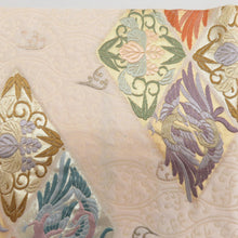 Load image into Gallery viewer, 袋帯 金糸 唐織 菱型に鳳凰模様 ベージュxゴールドx多色 六通柄 正絹 仕立て上がり 長さ440cm