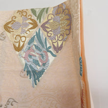 Load image into Gallery viewer, 袋帯 金糸 唐織 菱型に鳳凰模様 ベージュxゴールドx多色 六通柄 正絹 仕立て上がり 長さ440cm