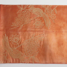 画像をギャラリービューアに読み込む, 袋帯 洒落袋帯 相良刺繍 お太鼓柄 花鳥紋様 オレンジ色x黄色 正絹 仕立て上がり 長さ432cm