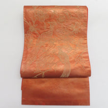 画像をギャラリービューアに読み込む, 袋帯 洒落袋帯 相良刺繍 お太鼓柄 花鳥紋様 オレンジ色x黄色 正絹 仕立て上がり 長さ432cm