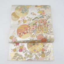 画像をギャラリービューアに読み込む, 袋帯 西陣織 瀞銀錦 長嶋成織物 六通柄 金糸銀糸 御所車に吉祥模様 正絹 仕立て上がり 長さ448cm