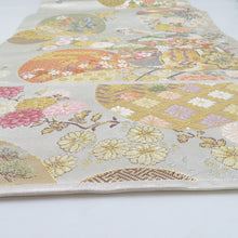 画像をギャラリービューアに読み込む, 袋帯 西陣織 瀞銀錦 長嶋成織物 六通柄 金糸銀糸 御所車に吉祥模様 正絹 仕立て上がり 長さ448cm