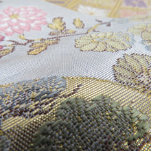 画像をギャラリービューアに読み込む, 袋帯 西陣織 瀞銀錦 長嶋成織物 六通柄 金糸銀糸 御所車に吉祥模様 正絹 仕立て上がり 長さ448cm