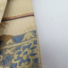 画像をギャラリービューアに読み込む, 袋帯 西陣織 じゃらく 横縞に更紗模様 クリーム色x金色x多色 箱付き 余り布付き 正絹 仕立て上がり 長さ448cm