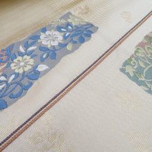 画像をギャラリービューアに読み込む, 袋帯 西陣織 じゃらく 横縞に更紗模様 クリーム色x金色x多色 箱付き 余り布付き 正絹 仕立て上がり 長さ448cm