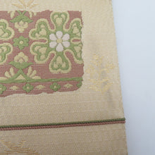 画像をギャラリービューアに読み込む, 袋帯 西陣織 じゃらく 横縞に更紗模様 クリーム色x金色x多色 箱付き 余り布付き 正絹 仕立て上がり 長さ448cm